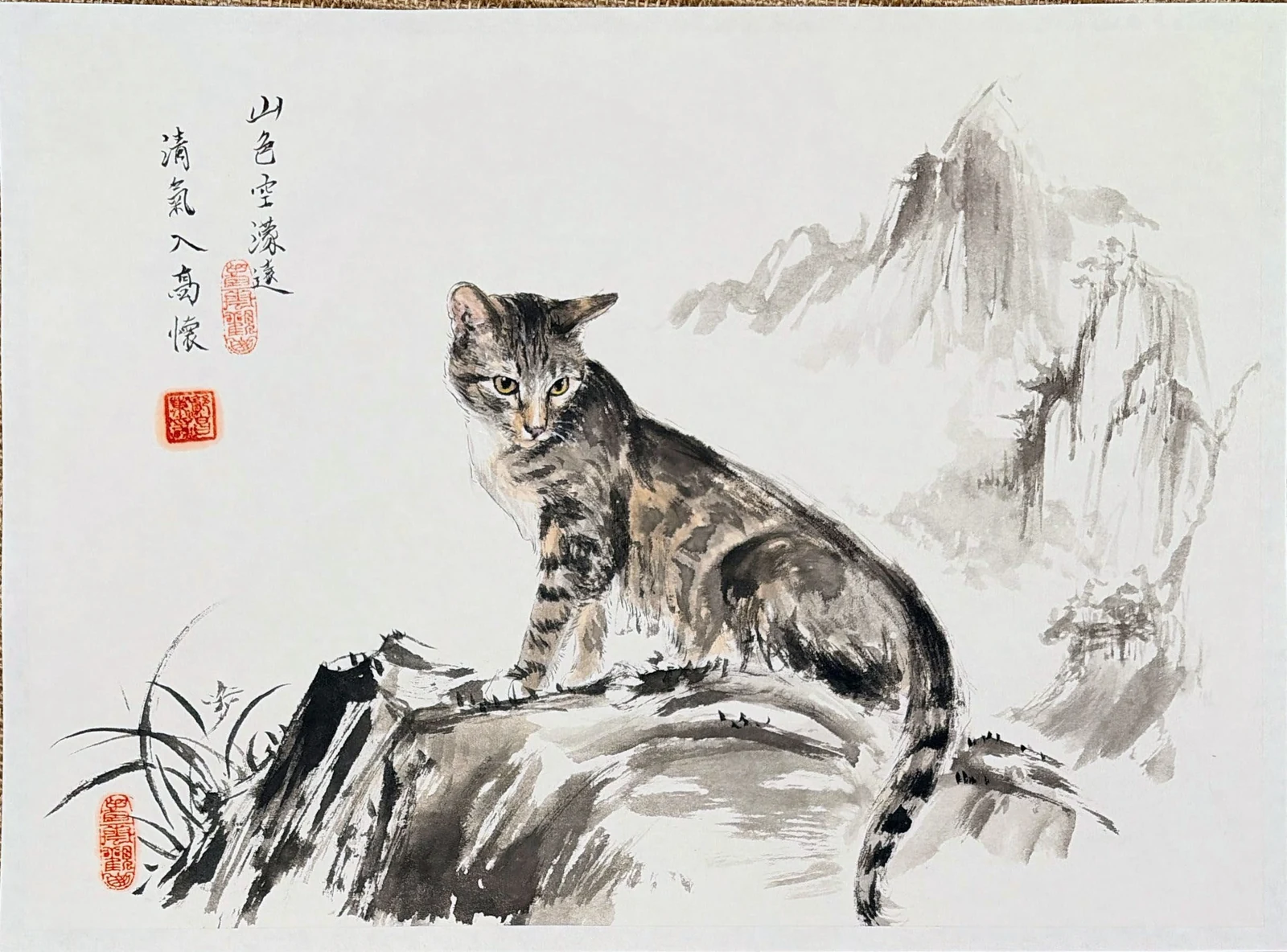 Hand-painted cat portrait within an ink-wash mountain scene