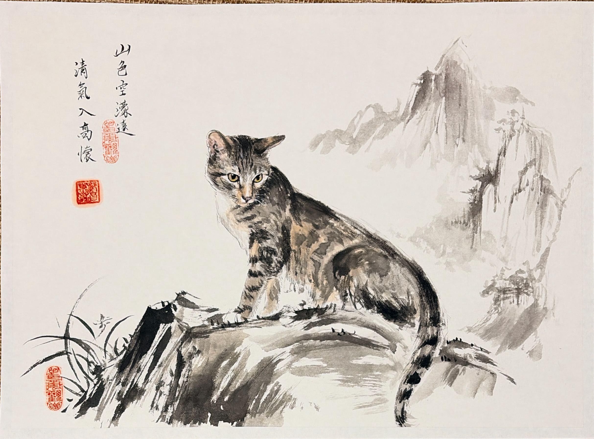 Hand-painted cat portrait within an ink-wash mountain scene