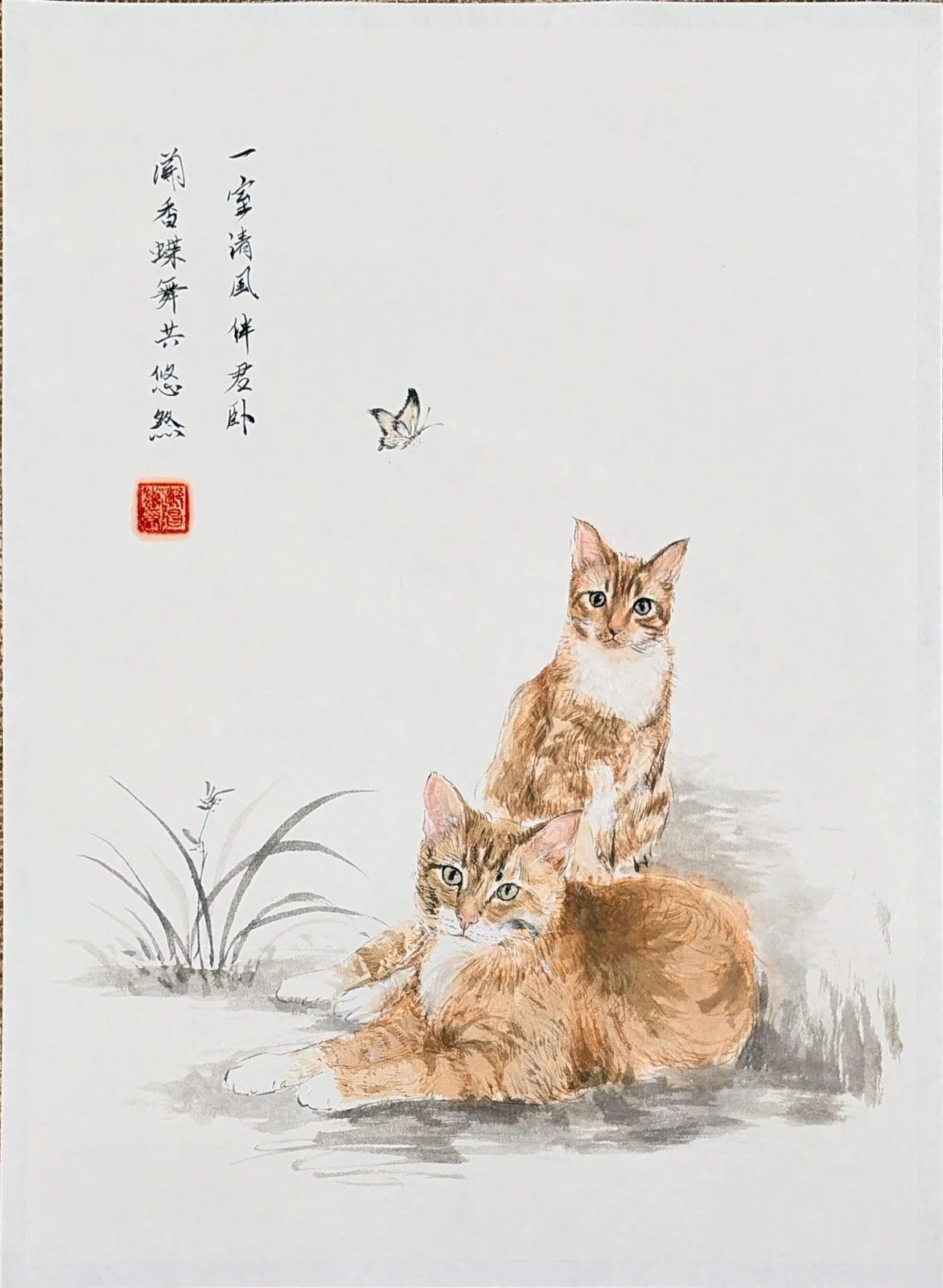 Hand-painted portrait of two cats resting together