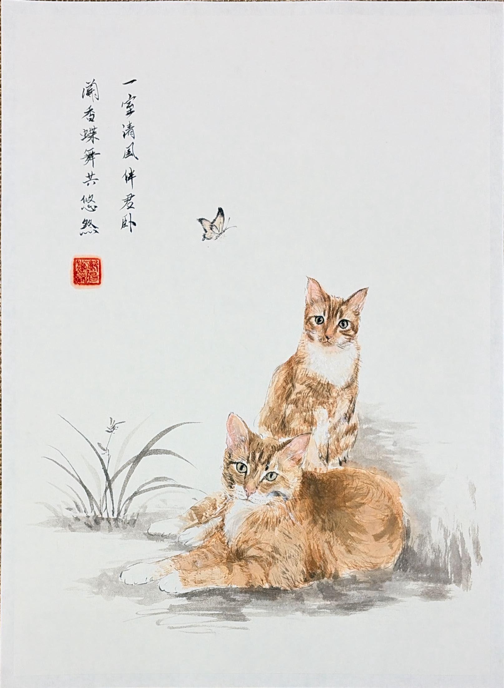 Hand-painted portrait of two cats resting together