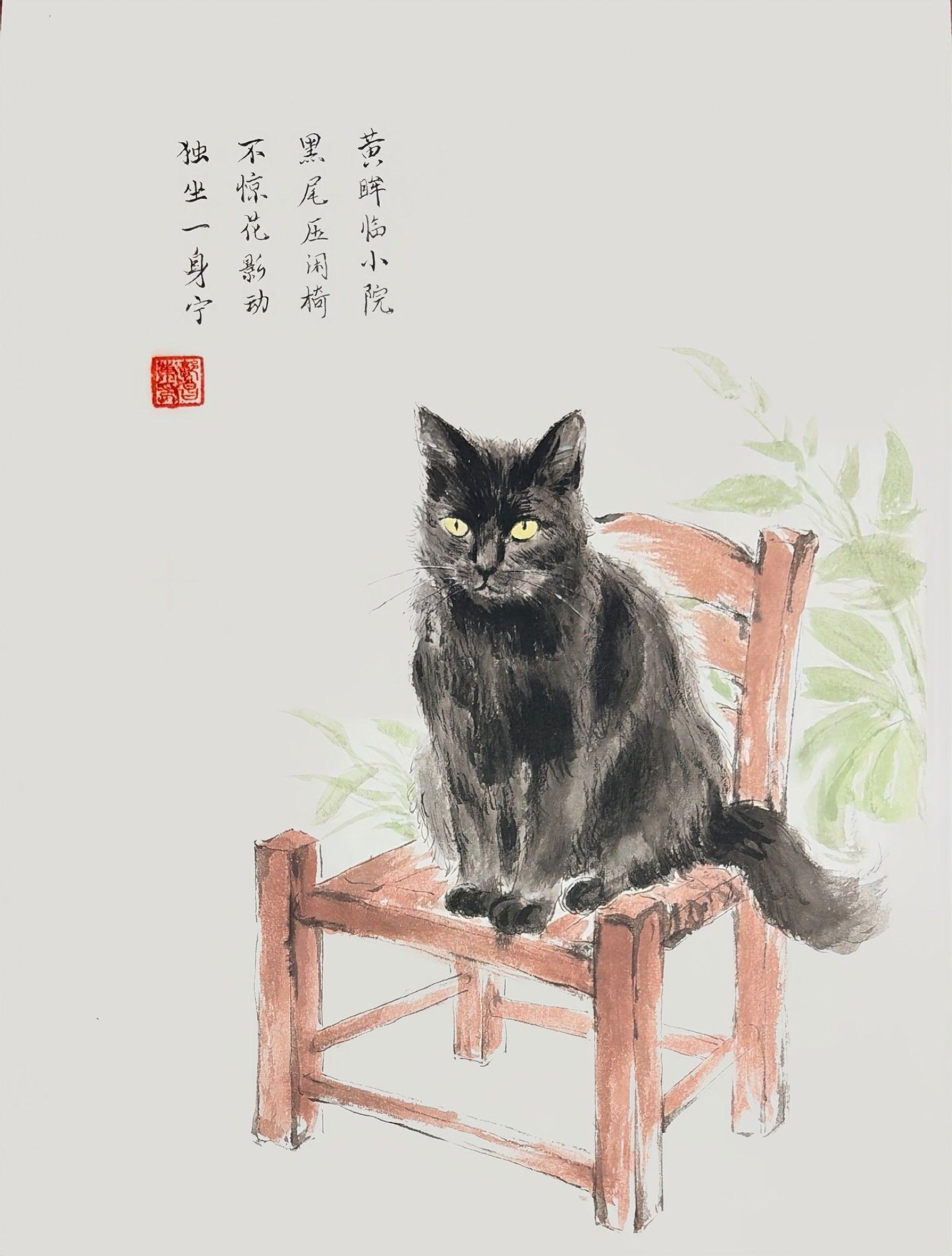 Delivered original portrait of a black cat seated on a wooden chair