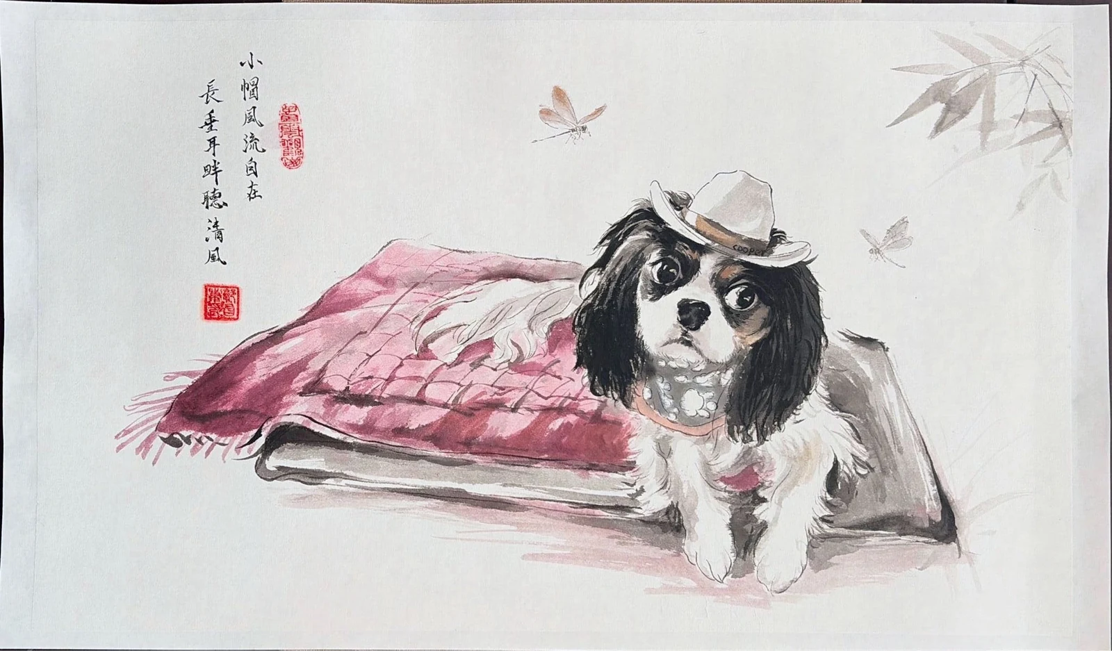 Delivered original portrait of a small dog in a hat beside a pink quilt