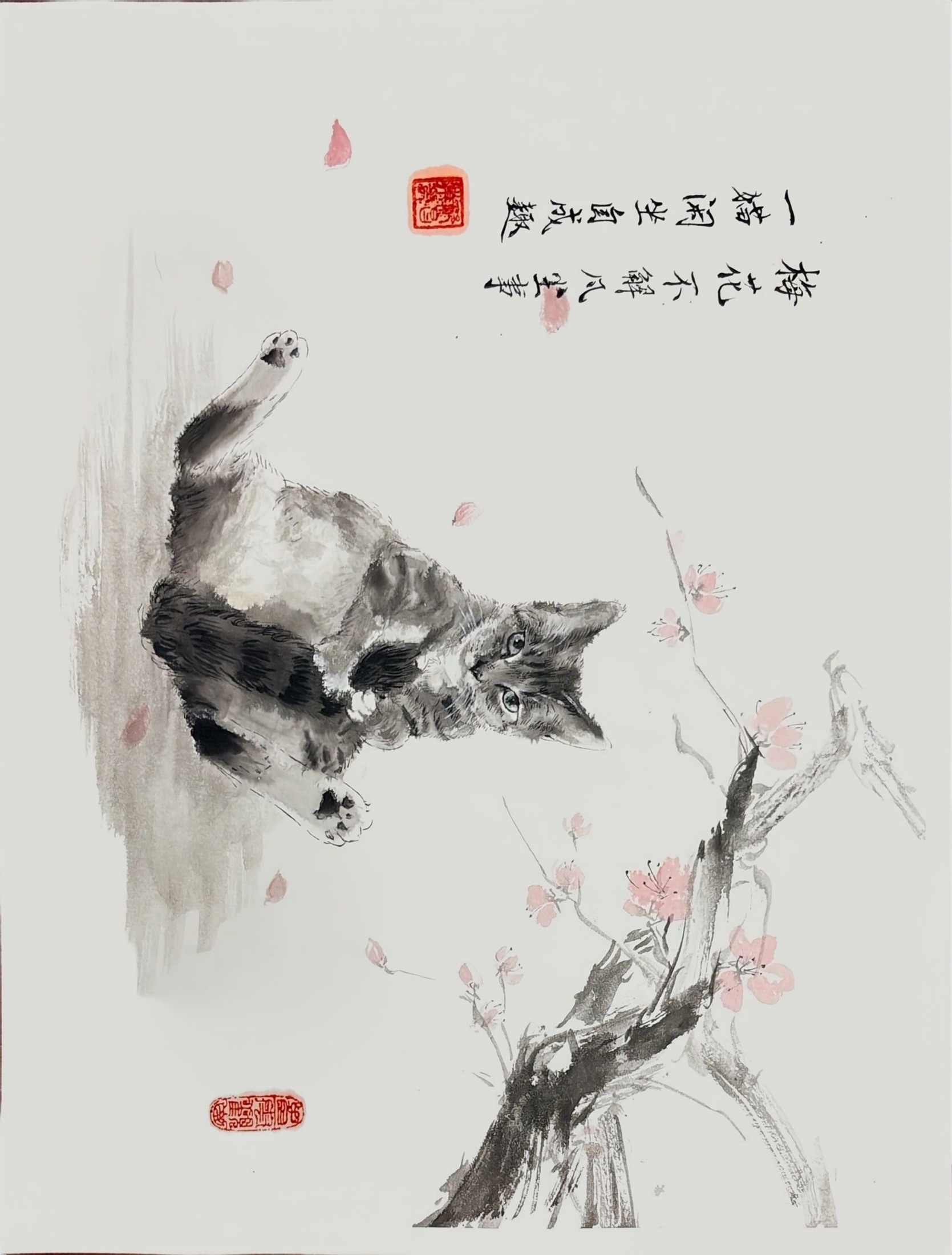 Delivered original portrait of a playful tabby cat among spring blossoms