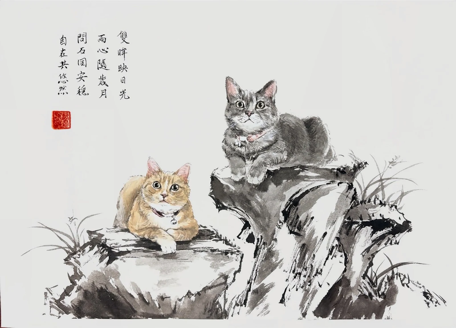 Delivered original portrait of two cats resting by an ink-wash landscape
