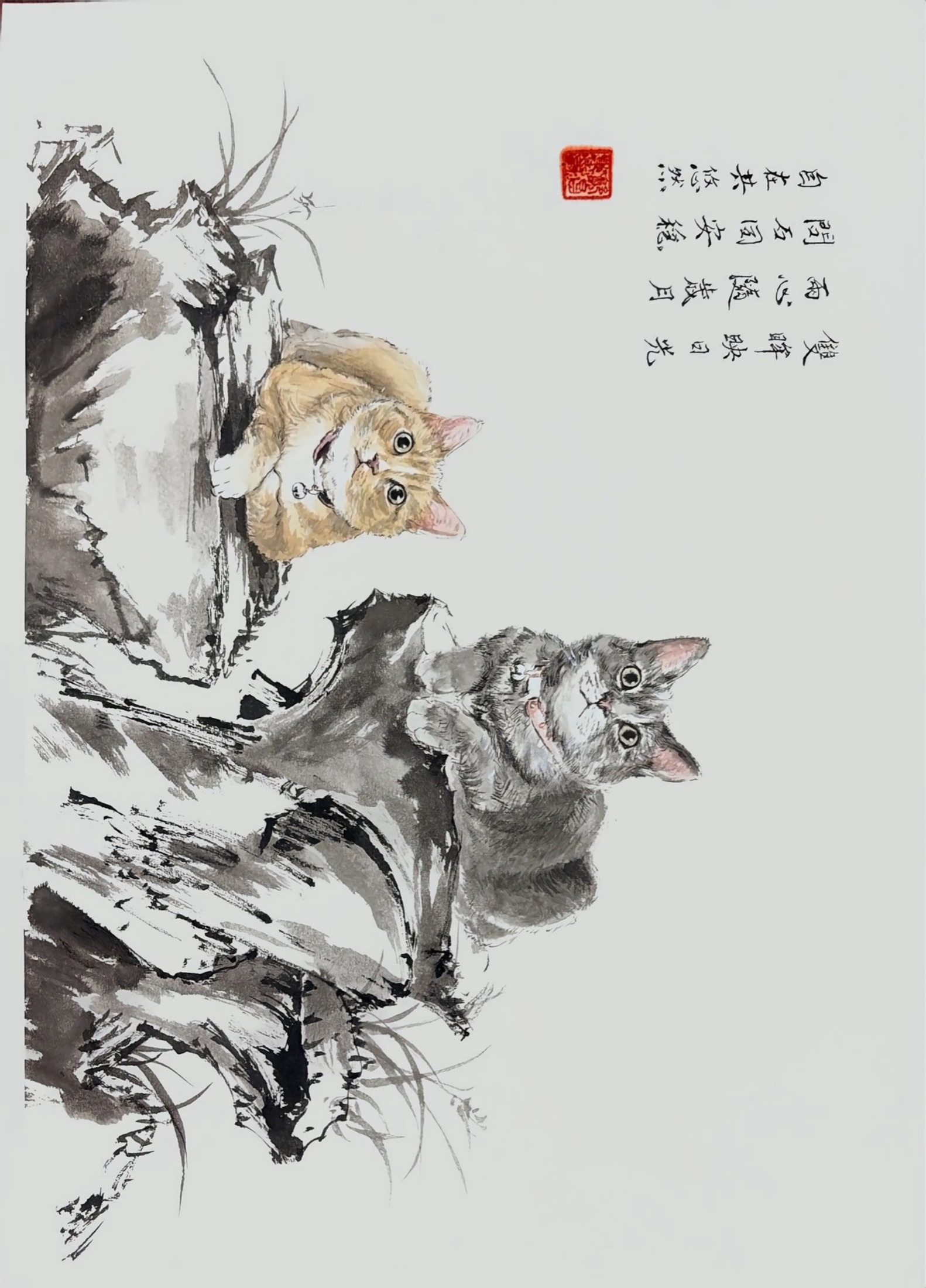 Delivered original portrait of two cats resting by an ink-wash landscape