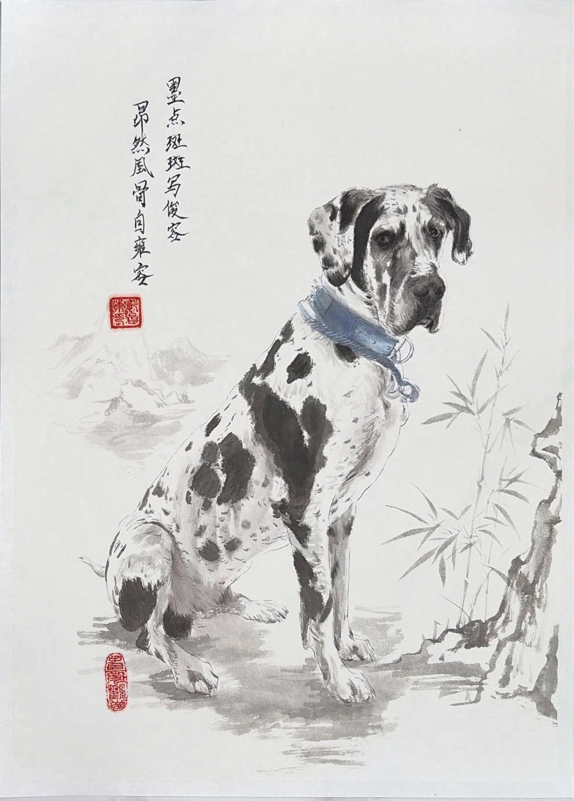 Delivered original portrait of a spotted dog standing beside bamboo