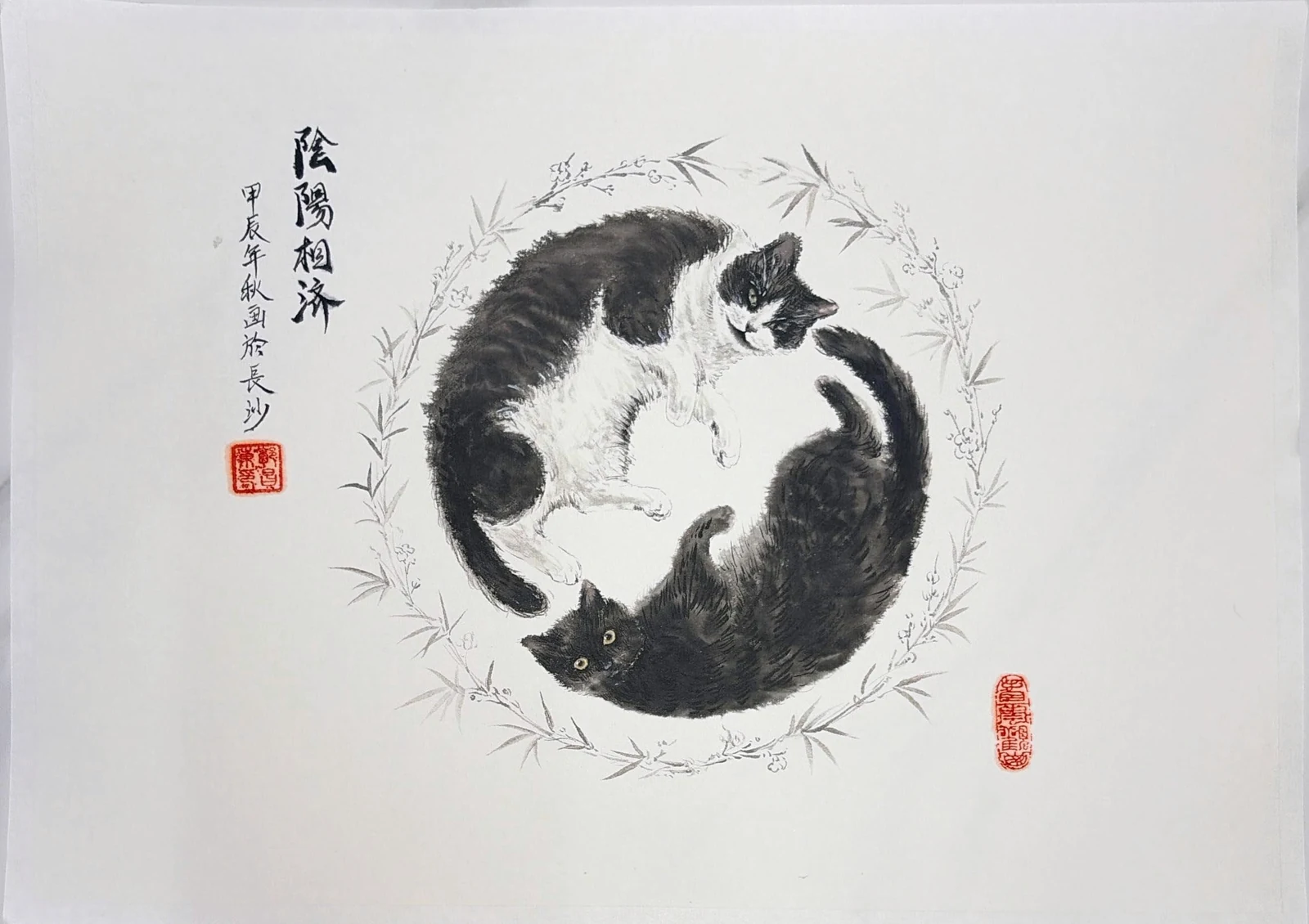 Delivered original portrait of two black-and-white cats in a circular composition
