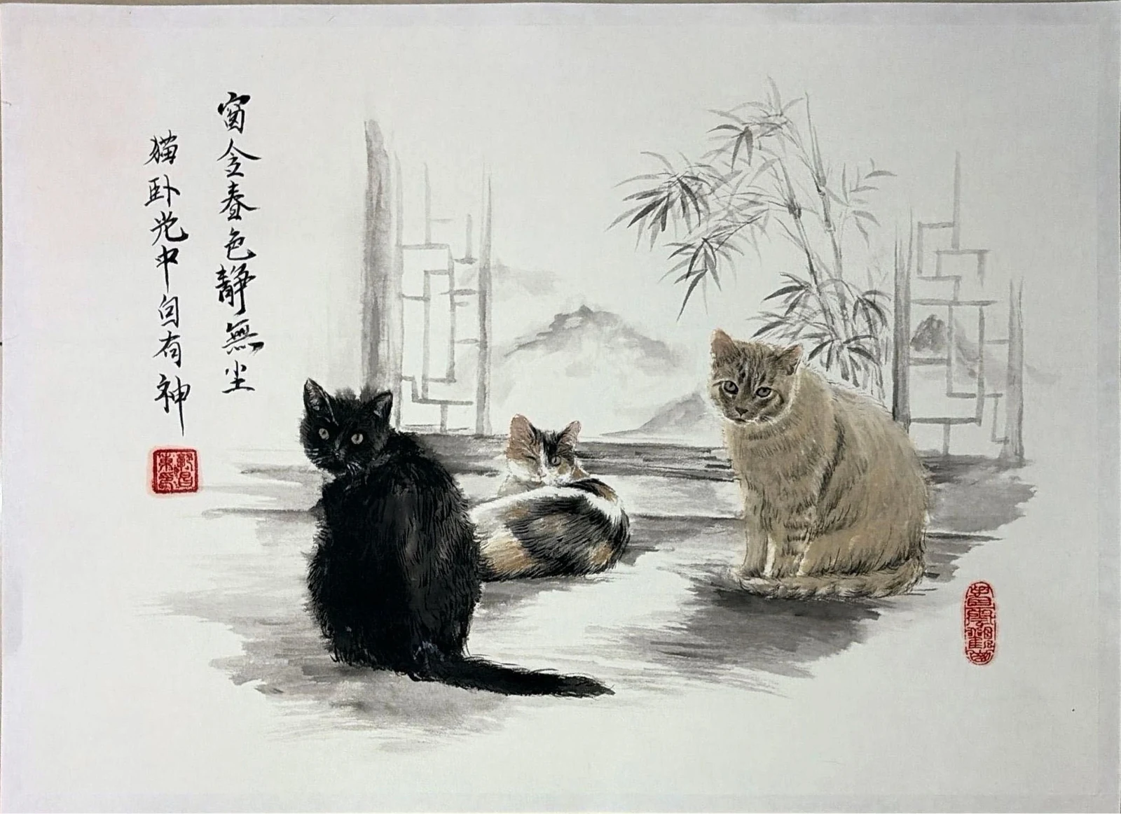 Delivered original portrait of three cats before a quiet ink-wash landscape